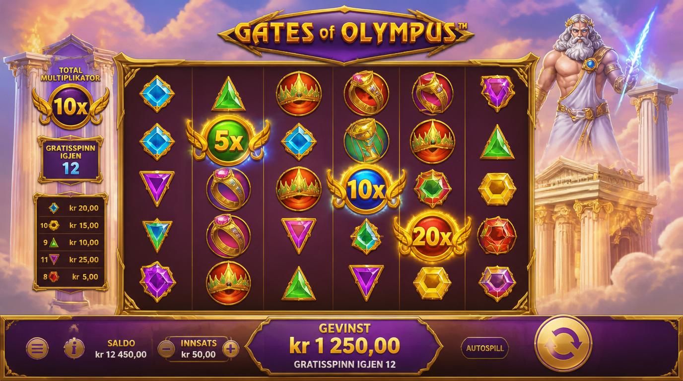 Zeus over søyler med glødende symboler og multiplikatorer